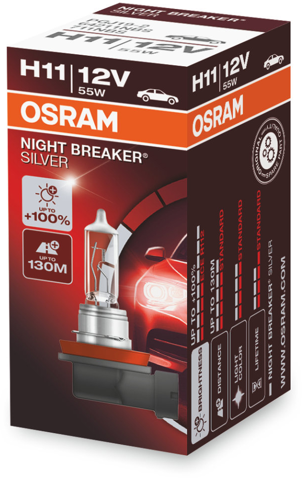 Osram Night Breaker Silver - Glödlampa H11 55W 12 V 1-pack - VW - Toyota - Ford - Renault - Audi - Mercedes - Opel - BMW