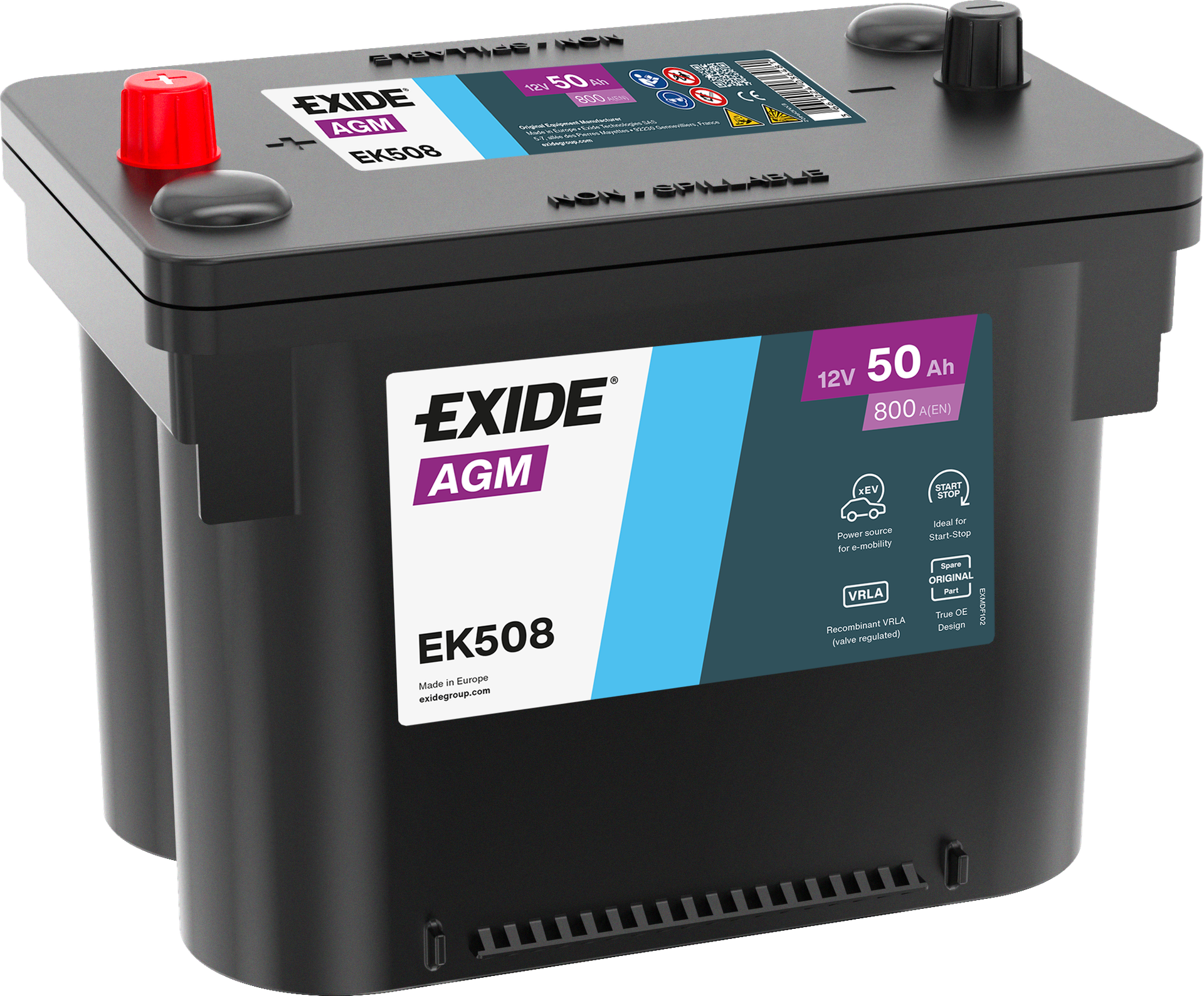 Exide AGM EK508 Start-Stop 50 Ah - Bilbatteri | Startbatteri - Jeep - Chrysler - Fiat - Dodge - Isuzu - Infiniti - OE 71771428,2132202